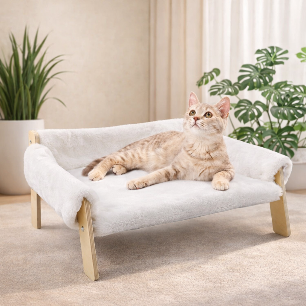 🛋️ Canapé Surélevé en Bois – Confort ; Élégance pour Petit Félin